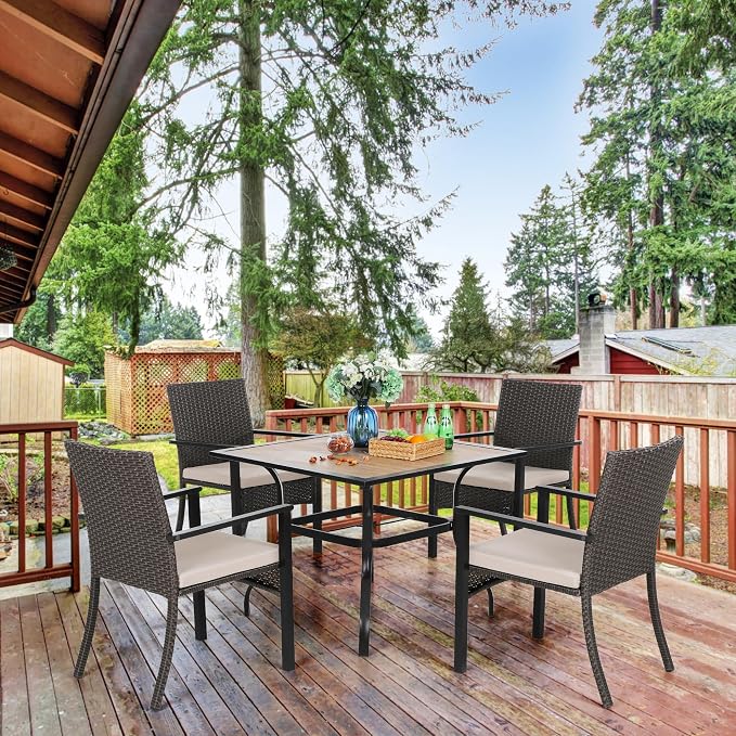 PHI VILLA Wicker Patio Dining Chairs Set of 4 with Removable Cushions | 4 Rattan dining chairs with thick removable seat cushions. Sturdy steel frame, easy assembly.