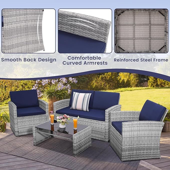 KROFEM 4-Piece Patio Furniture Set, Wicker Outdoor Rattan Sectional Sofa with Cushions and Glass Table, All-Weather Outdoor Conversation Set for Garden, Porch, Backyard, Patio, Blue