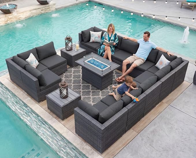 NICESOUL 15 Piece Outdoor Patio Furniture Set with Fire Pit, Extra Large Wide Outdoor Deep Seated Sectional, Cozy 29.3'' High-Back Modular Couch, 500 Lbs High Weight Capacity Wicker Sofa, Dark Gray