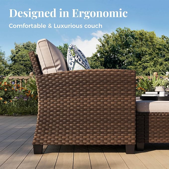 MIXPATIO Patio Furniture Set, 6 Pcs Wicker Outdoor Conversation Set, 2 x Leg Chairs, 1 x 3 Seater Sofa, 1 x 2-Seat Lover Sofa and 2 x Ottomans with 4" Thick Cushion for Garden Backyard Deck, Beige