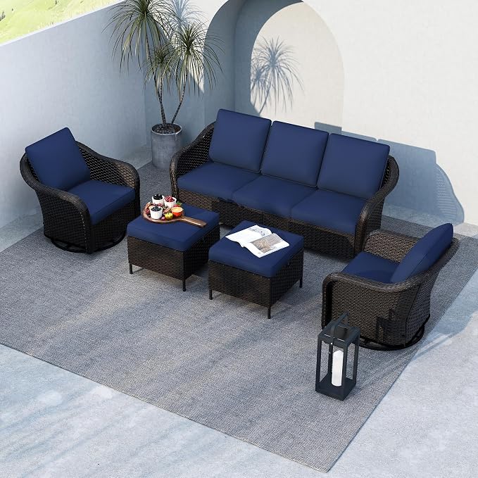 5 PCS Outdoor Conversation Set | 78" Couch, 2 Swivel Chairs, 2 Ottomans, Patio Wicker Conversation Furniture with Removable Cushions for Bistro, Deck, Sunroom (Navy Blue)