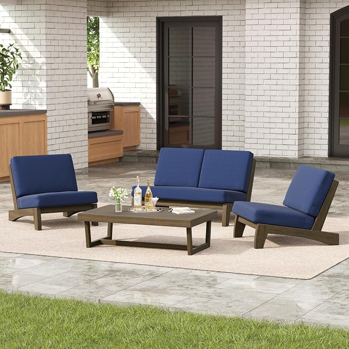 4 Pieces Patio Furniture Sets, All-Weather Outdoor Wood Bistro Set Patio Conversation Coffee Table Chiars and Patio Loveseat for Balcony, Backyard
