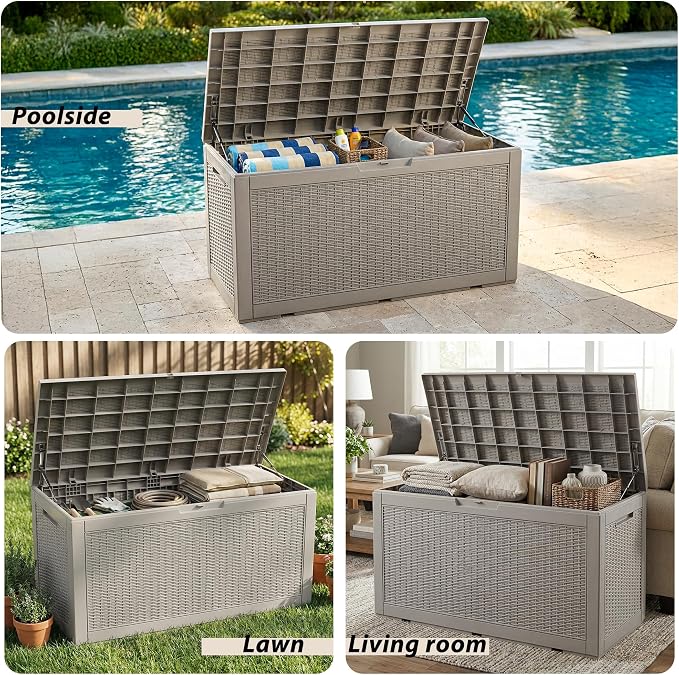 Waterproof Outdoor Storage Box, 125 Gallon Lockable Deck Box, UV-Resistant Outside Storage Bin With Hydraulic Lid For Patio Furniture, Cushion Organizer, Garden Tools, Pool Accessories,Grey