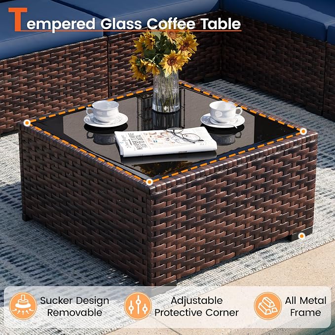 8 Piece Patio Furniture Set with 44" Fire Pit Table, Outdoor Sectional Wicker Rattan Sofa Set with Coffee Table (Navy Blue/Brown)