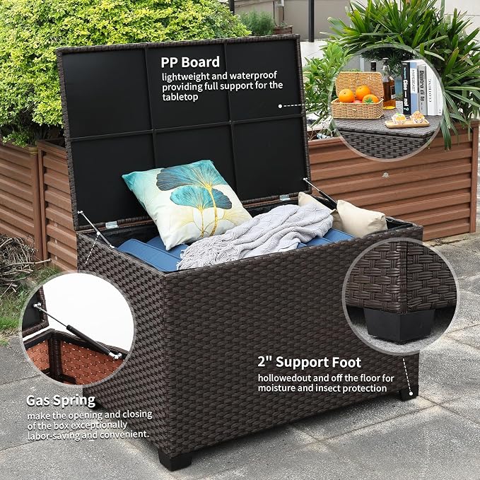 Rattaner Wicker Outdoor Storage Box 140 Gallon Patio Storage Bin with Waterproof Lining Bag Large Deck Box and Cushion Storage Bin Outdoor, Brown Wicker