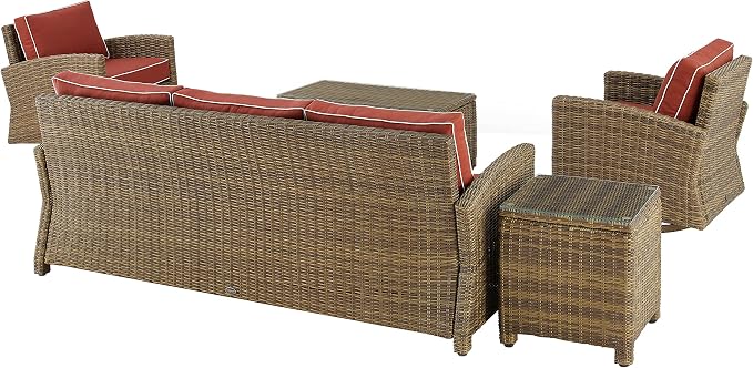 Crosley Furniture Bradenton 5-Piece Wicker Outdoor Sofa and Swivel Rocker Patio Furniture Set for Porch, Brown with Sangria Cushions