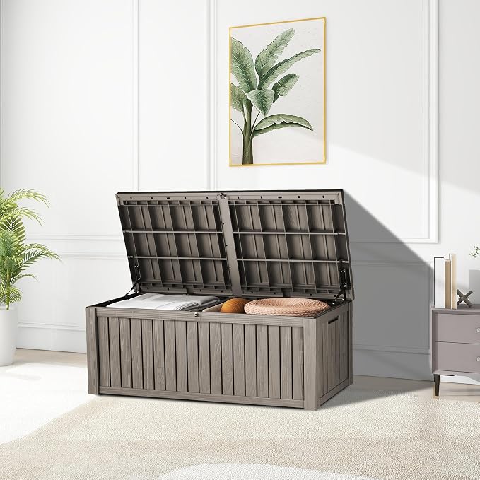 Outdoor Storage Box 180GAL Waterproof Resin Deck Box,UV-Resistant Lockable Package Delivery Bin for Garden Tools,Large Patio Outside Cushions,Pool Accessories Supplies,Chest,Light Coffee