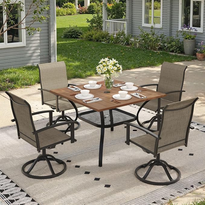 5 Pieces Patio Dining Set, Outdoor Furniture of 37.8" Square Patio Table and Patio Swivel Chairs for Backyard Lawn Garden, Walnut Table and Mixed Brown Chairs