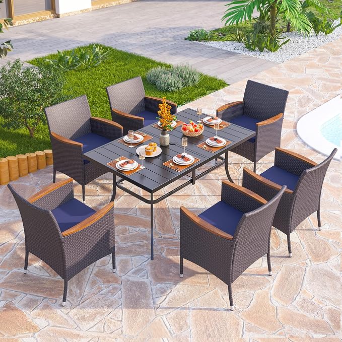 PHI VILLA High Back Wicker Patio Dining Chairs Set of 2, Wood Armrest | 2 Rattan dining chairs with thick removable seat cushions. Sturdy steel frame, easy assembly.