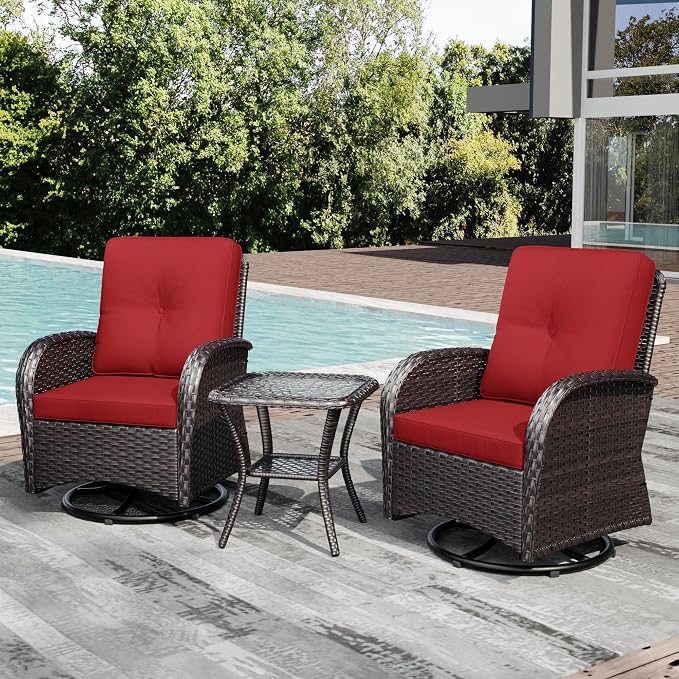 Joyside Outdoor Swivel Rocker Chairs, 3 Piece Wicker Patio Set with Thickened Cushions, High Back, Deep Seating, Wide Armrest, Outdoor Swivel Chairs for Porch, Deck