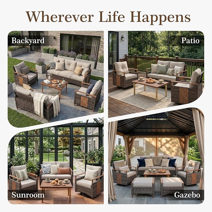 NestNook 6 Pieces Patio Furniture Set, Outdoor Conversation Set with All-Weather Handwoven PE Wicker Sofa, Rattan Chairs and Thick Cushion, Coffee Table & Ottoman for Backyard, Deck & Poolside, Beige