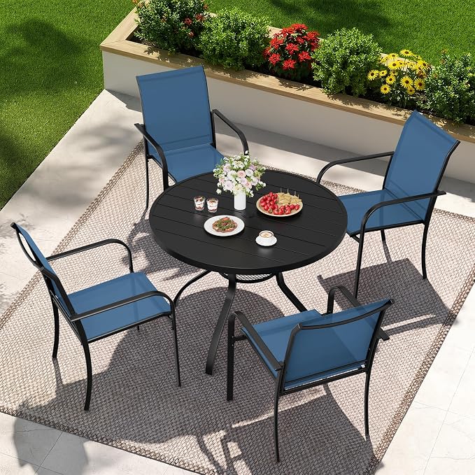 5-Piece Patio Dining Set,4 Person Outdoor Table and Chairs Set, 4 Metal Dining Chairs and Round Outdoor Table with 1.57" Umbrella Hole,Blue