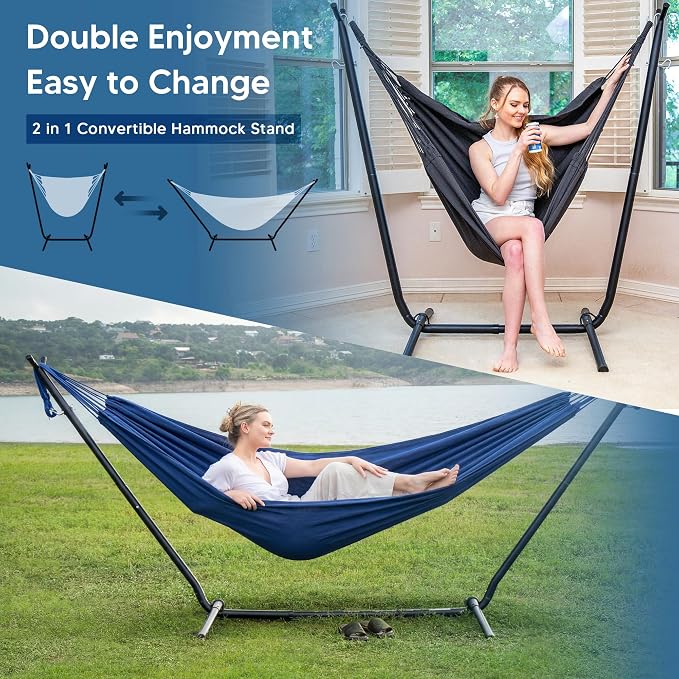 SUNCREAT 2-in-1 Convertible Backyard Fabric Hammock with Stand, Large Hammocks for Outside, Dark Blue