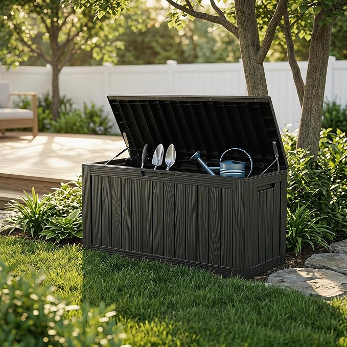 155 Gallon Outdoor Deck Storage Box, Large Waterproof Resin Patio Storage Box, Lockable Bench Seat Holds 2 Adults, for Garden Tools, Cushions & Pool Floats, UV & Rust Resistant, Black