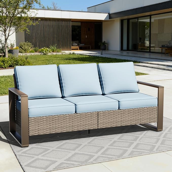 75" Patio Metal Wicker Sofa, All Weather Outdoor Rattan 3-Seat Sofa Couch with Premium Cushions & Rectangular Framed Wood-Looking Metal Armrest for Garden Backyard Porch Deck, Baby Blue