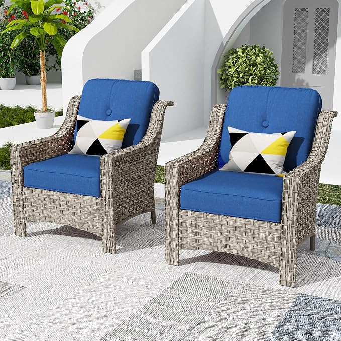 HOOOWOOO 2 Piece Patio Chairs Set,Outdoor Wicker Chairs,All Weather Resistant High Back Rattan Deck Chairs Matching Furniture(Denim Blue)