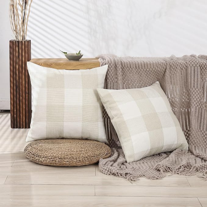 CARRIE HOME Beige Cream Buffalo Check Plaid Pillow Covers 18x18 Set of 2 Neutral Linen Throw Pillow Covers 18 x 18 Neutral Room Decor for Sofa and Couch