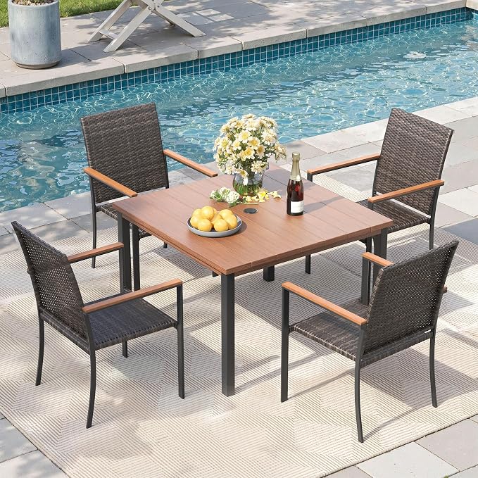 Patio Dining Set for 4, 40.2" Square Metal Table with Umbrella Hole and Stackable Wicker Patio Chairs, Outdoor Furniture Set for Deck Backyard Garden, Walnut Chairs, Walnut Table