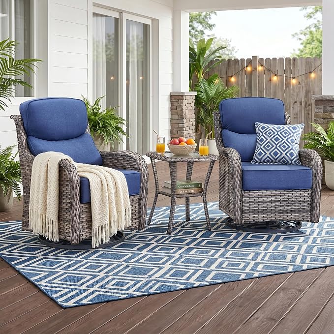 Luxury High Back Outdoor Swivel Rocker Patio Chairs with Side Table & 6-Inch Thick Cushions, 3 Pieces Patio Furniture Set for Porch, Balcony, Deck and Yard