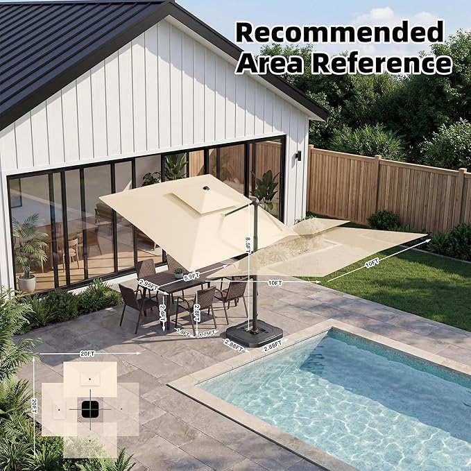 10x10 FT Cantilever Patio Umbrella with Base Included Double Top Outdoor Square Large Heavy Duty Aluminum Offset Umbrellas with 7 Level Tilt 360-degree Rotation for Pool Garden Deck,Beige