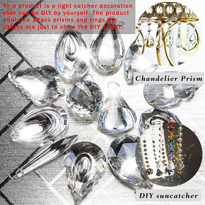 12 Pcs Clear Crystal Prism Chandelier Pendants Suncatcher Decor | Clear Crystal Chandelier Lamp Prism Pendants Drops Glass Balls Replacement Parts Suncatcher Hanging Ornaments for Home Decor