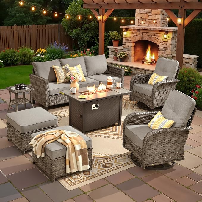 CAODOC 7 Pieces Outdoor Furniture,Patio Furniture with 42" Fire Pit Table,Wicker Conversation Set for Balcony,Deck,Pool and Backyard(Dark Grey)