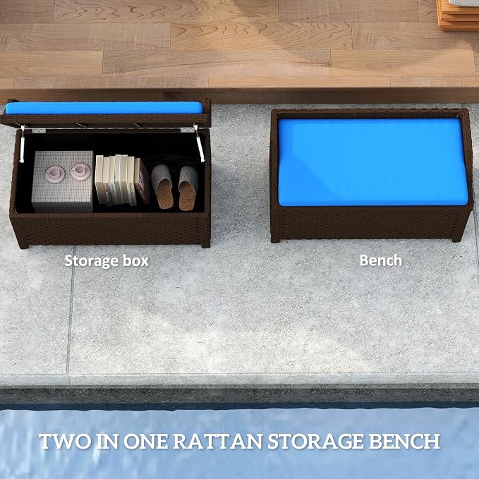 Outsunny Outdoor Wicker Storage Bench Deck Box, PE Rattan Patio Furniture Pool Storage Bin Container with Interior Waterproof Cloth Bag and Comfortable Cushion, Navy Blue