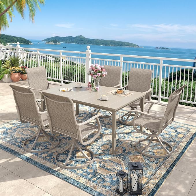 Outdoor Dining Set for 6, 63" Metal Outdoor Dining Table with Umbrella Hole and Sling Patio Swivel Chairs, 7 Pieces Patio Table and Chairs Set for Garden Backyard, Sandshell