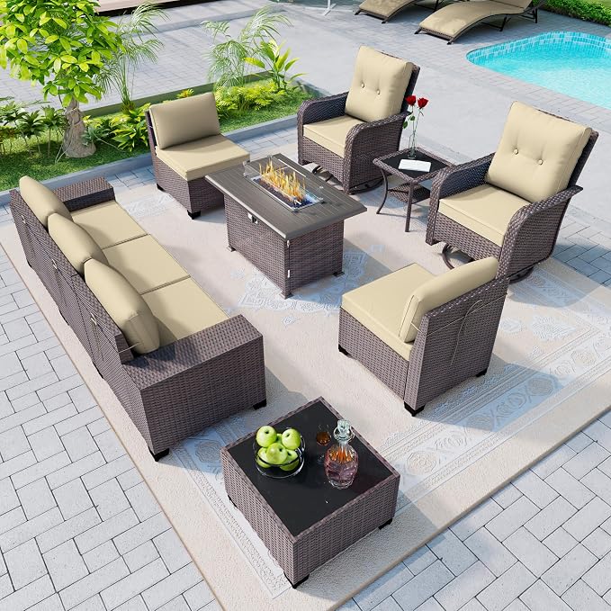 Patio Furniture Set 10 Pieces Outdoor Furniture Patio Conversation Set w/43in 55000 BTU Propane Fire Pit Table,PE Rattan Wicker 10 Pcs Outdoor Sofa Set w/Swivel Rocking Chairs,Sand
