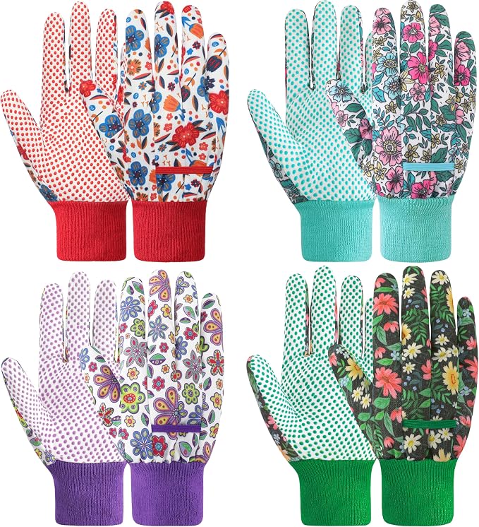 DOFOWORK Gardening Gloves, 4 Pair Floral Garden Gloves for Women with Dots | Soft Comfortable Fabric,Cute Floral Pattern,Anti-slip PVC Dots,Designed for Ladies,Yard Planting & Daily Gardening Work