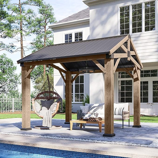 Aoxun 10' x 10' Outdoor Wood Gazebo with 20" Ceiling Fan with Light, Hardtop Gazebo Permanent Wooden Pavilion with Galvanized Steel Gable Roof, for Patio, Garden, Backyard, Cedar Wood
