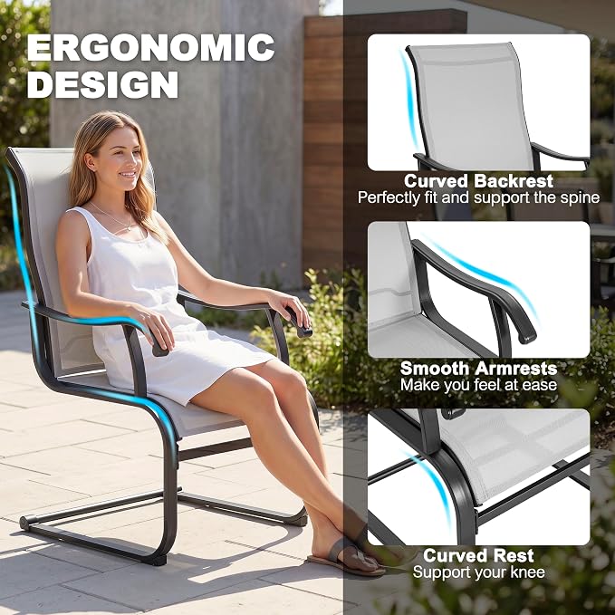NUU GARDEN 5 Piece Patio Dining Set for 4 with C-Spring Chairs | Square table with umbrella hole and 4 breathable Textilene chairs featuring gentle C-spring motion and high-back support.