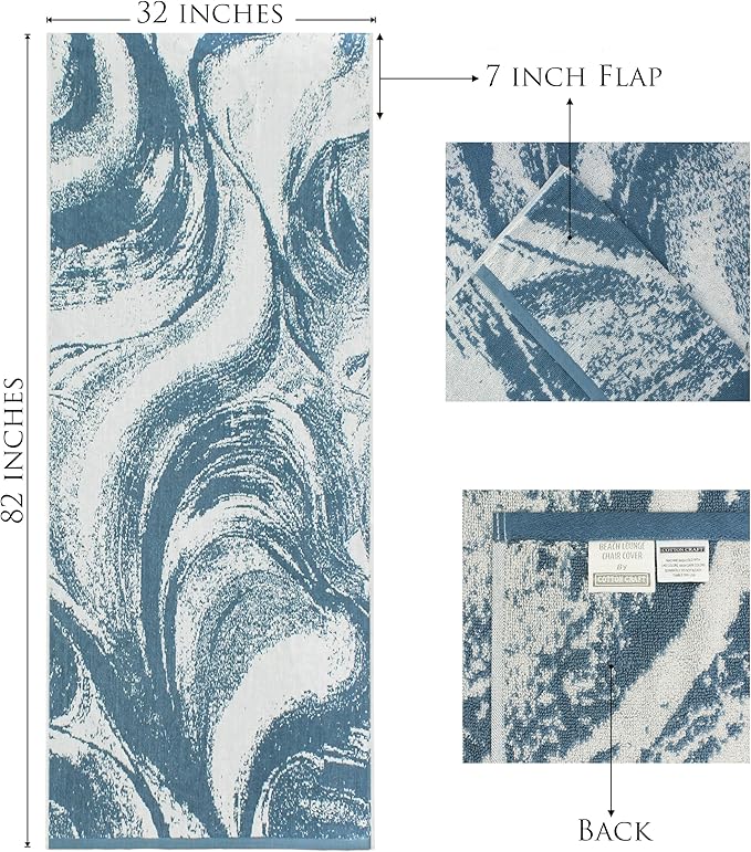 COTTON CRAFT Pool Lounge Chair Cover - 2 Pack Waves Terry Jacquard Towel Chaise Lounge Chair Cover - 100% Ringspun Cotton Soft Beach Chair Cover - Oversized 32 in W x 82 in Length x 7 in Pocket – Blue