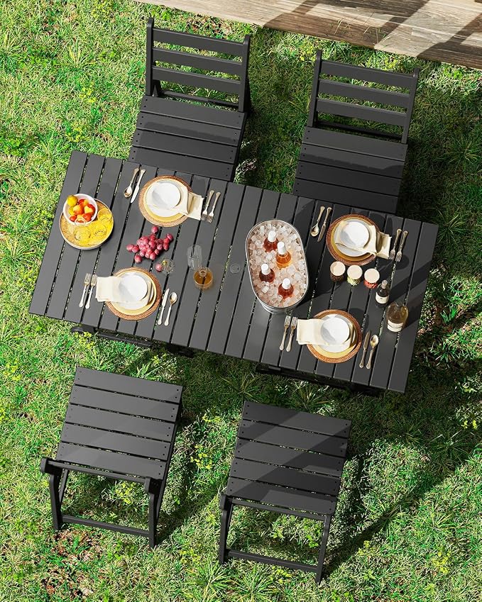 GREENVINES 5-Piece-Outdoor-Table-and-Chairs | HDPE | Patio Furniture | Slatted Dining Sets for 4 | Armless Chair | Connectable Tables | All Weather | for Backyard Poolside Garden | Black