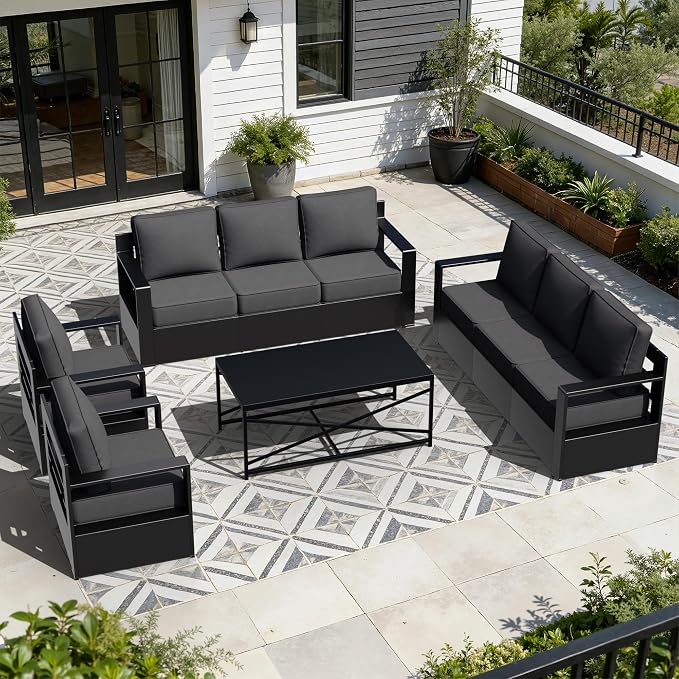 Outdoor Aluminum Furniture Set, 4-Piece Patio Conversation Set, 2 Chairs, 2 Sofa and 1 Table, All-Weather Metal Frame, 6" Thick Removable Cushions, Deep Setting for Garden, Poolside and Porch