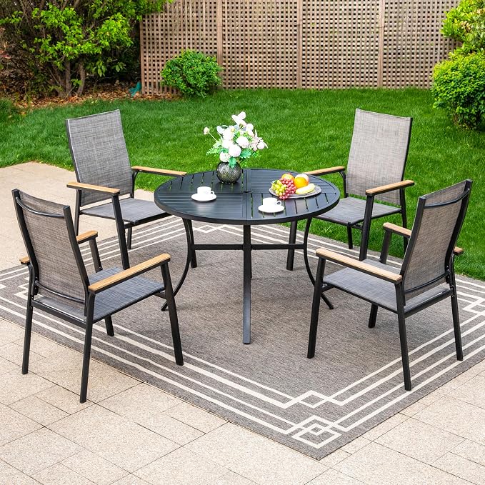 MFSTUDIO 5 PCS Outdoor Dining Set, Round Table & Aluminum Chairs, Grey | Stackbale textilene chairs, Light-weight & space-saving, Square Table, Umbrella Hole, Patio deck, 4 person