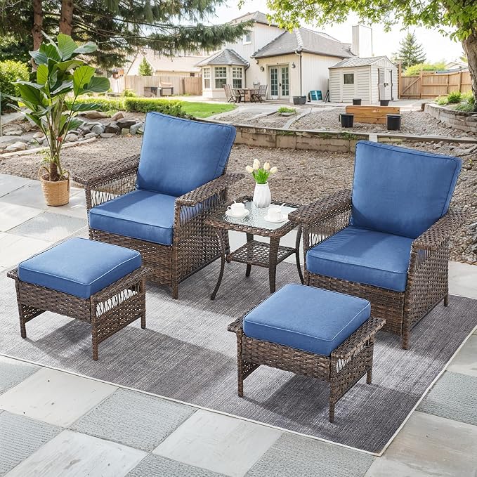 Patio Furniture Set - 2 Wicker Chairs with 2 Rattan Ottomans, 1 Wicker Side Table, Brown & Blue Cushions - 5pc Conversation Set for Garden, Balcony & Backyard