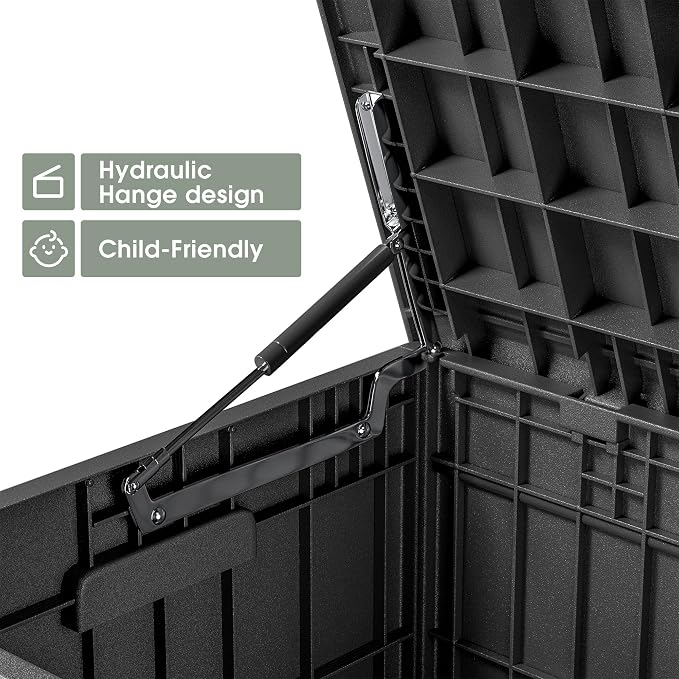 Greesum 82 Gallon Resin Deck Box, with Hydraulic Rod, Large Outdoor Storage for Patio Furniture, Garden Tools, Pool Supplies, Weatherproof, Lockable, Black