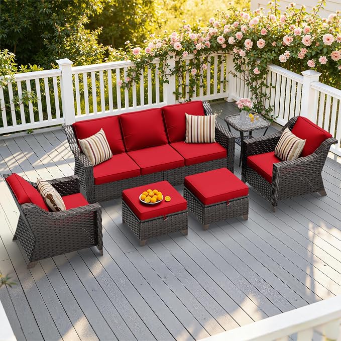 6 Pieces Patio Conversation Furniture Set - 1 Sofa, 2 Armchairs, 2 Ottomans, 1 Side Table, Outdoor Wicker Furniture with Removable Cushions for Porch, Balcony, Sunroom (Red)