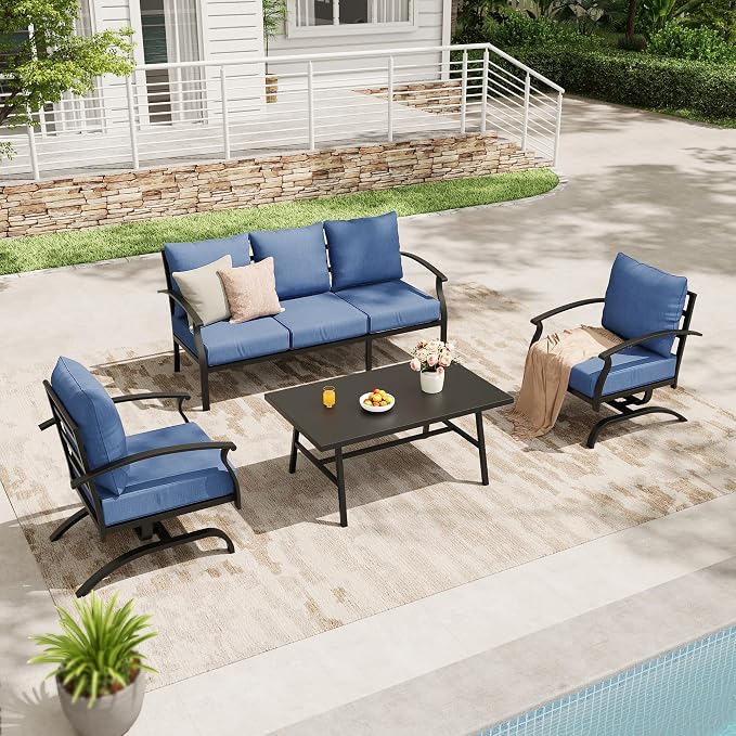 Metal Patio Furniture Set, 4 Piece Outdoor Sectional Conversation Sofa Set, 3-Seat Sofa w/2 Single Sofas and Coffee Table, Garden, Porch, Balcony, Deck, Navy Blue
