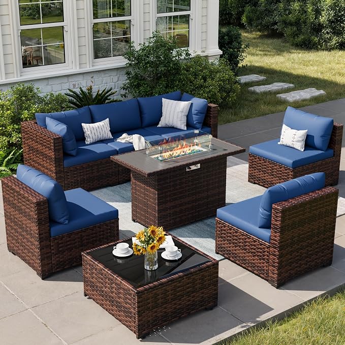 8 Piece Patio Furniture Set with 44" Fire Pit Table, Outdoor Sectional Wicker Rattan Sofa Set with Coffee Table (Navy Blue/Brown)