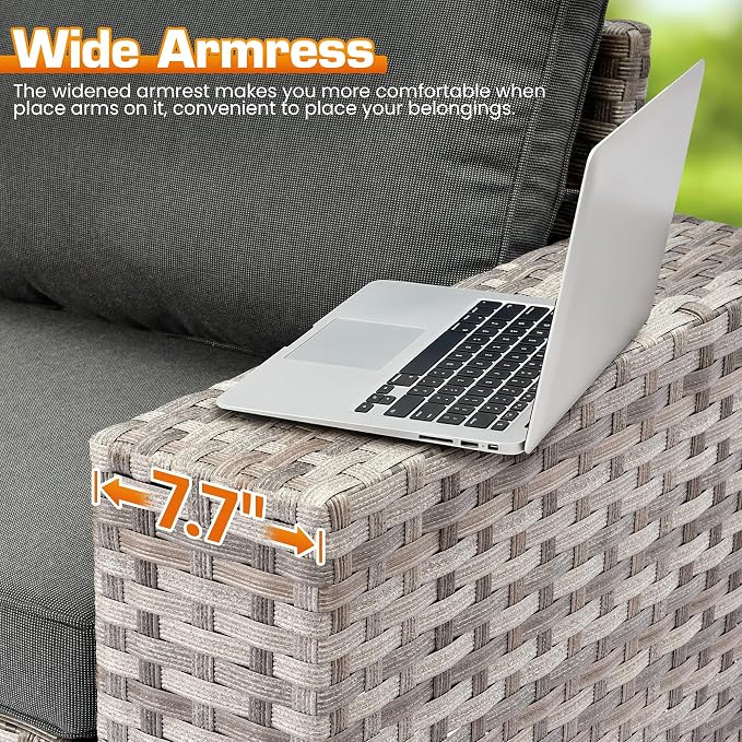 6 Pieces Patio Furniture Set, Outdoor Wicker Sectional Sofa with 7.7" Extra Wide Armrests, Modern Rattan Modular Conversation Set with Thickened Deep Seat Cushions & Coffee Table for Backyard, Black