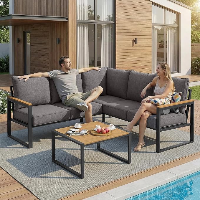 Metal Patio Furniture Set, 6 Pieces Outdoor Sectional Sofa Set with Side Table, L Shape Patio Conversation Set with Faux-Wood Tabletop, Outdoor Couch for Balcony, Porch, Backyard, Grey