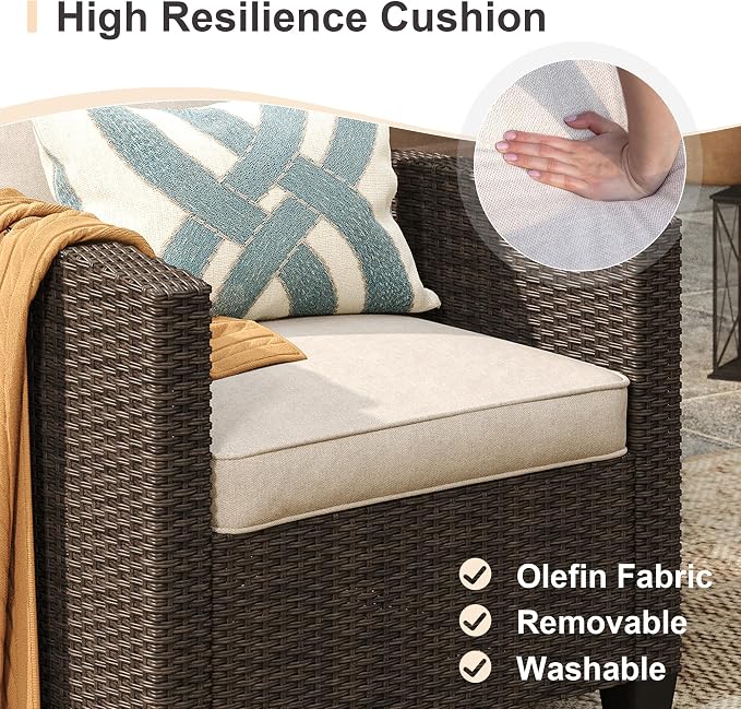 VICLLAX 5 Pieces Wicker Outdoor Furniture Set with Ottomans, PE Rattan Patio Conversation Set with 2 Single Chairs, Metal Side Table for Deck Porch Pool, Beige Cushion