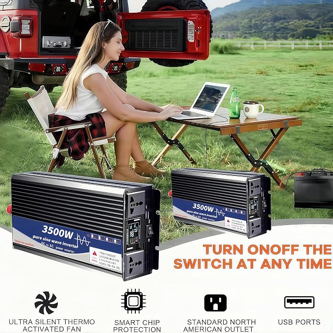 3500W Power Inverter 48V DC to 110V AC Converter with LED Display Dual AC Outlets Dual Fans Radiating for RV, Camp, Boat and Home Emergency Portable Pure Sine Wave Inverter (Smart Screen, 3500W 48V)