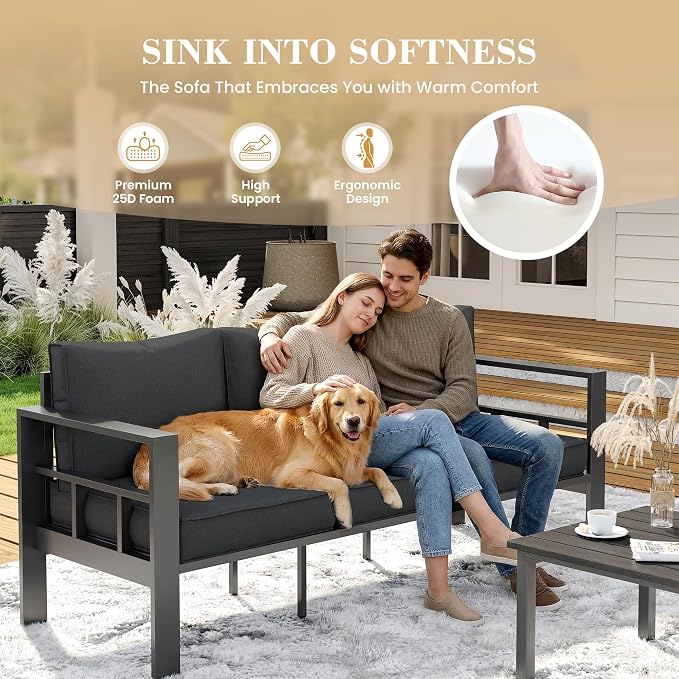 UDPATIO Aluminum Outdoor Furniture, 3-Seat Outdoor Couch | All-Weather & UV-Resistant, Washable Cover for Deck, Backyard, Poolside, Dark Gray