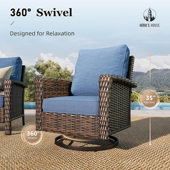 HERA'S HOUSE Patio Furniture Set, 5 Pieces Outdoor Seating Set, 35" High Back Swivel Chairs with 5.5" Thick Cushions, Brown Wicker Conversation Set with Ottomans for Deck Lawn Yard, Peacock Blue