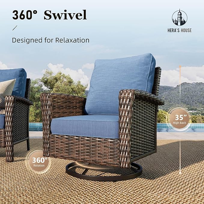 Patio Furniture Set with High Back Swivel Chairs, All-Weather Outdoor Wicker Sofa with Ottomans, 6 Pieces Deep Seating Patio Conversation Couch Sets with 5.5" Cushions for Lawn Deck Backyard, Blue
