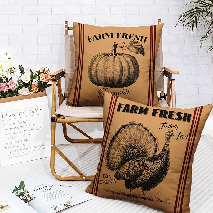 Fall Pillow Covers 22x22 Set of 2 Vintage Farmhouse Throw Pillow Covers Retro Farm Fresh Turkey Pumpkin Pillowcase Thanksgiving Cushion Case for Home Decor Couch Sofa