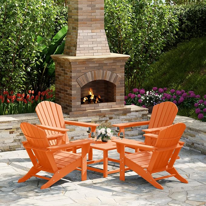 Costaelm Patio Conversation Set, Patio Chairs Set of 5 Balcony Firepit Furniture Outdoor Adirondack Square Table and Chair Backyard Furniture Set for Lawn Porch Pool Garden, Orange